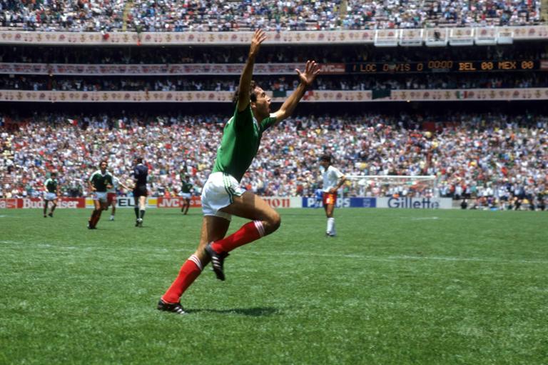 The former Mexico defender Fernando Quirarte celebrates a goal against Belgium in the FIFA World Cup 1986
