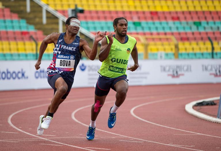 BERLIN, GERMANY - 24.08.2018: Sylvain Bova and his guide Germain Haewegene of France competing in men&Acirc;&acute;s 200m class T11 during the Berlin 2018 World Para Athletics European Championships at Friedrich-Ludwig-Jahn-Sportpark on August 24, 2018 in Berlin, Germany. (Photo by Marcus Hartmann/Getty Images)