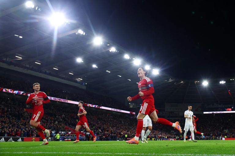Harry Wilson of Wales (R) celebrates scoring his team's first goal during the FIFA World Cup 2026 qualifier match between Wales and North Macedonia.
