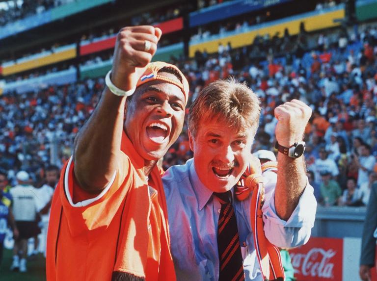 1998 World Cup Finals, Quarter Final, Marseille, France, 4th JULY 1998, Argentina 1 v Holland 2, Holland's coach and player Patrick Kluivert celebrate their teams victory  (Photo by Paul Popper/Popperfoto via Getty Images/Getty Images)