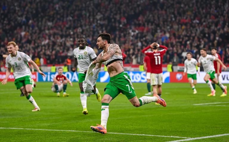 Hungary , Hungary - 16 November 2025; Troy Parrott of Republic of Ireland celebrates after scoring his side's third goal during the FIFA World Cup 2026 Group F Qualifier match between Hungary and Republic of Ireland at Pusk&Atilde;&iexcl;s Ar&Atilde;&copy;na in Budapest, Hungary. (Photo By Stephen McCarthy/Sportsfile via Getty Images)